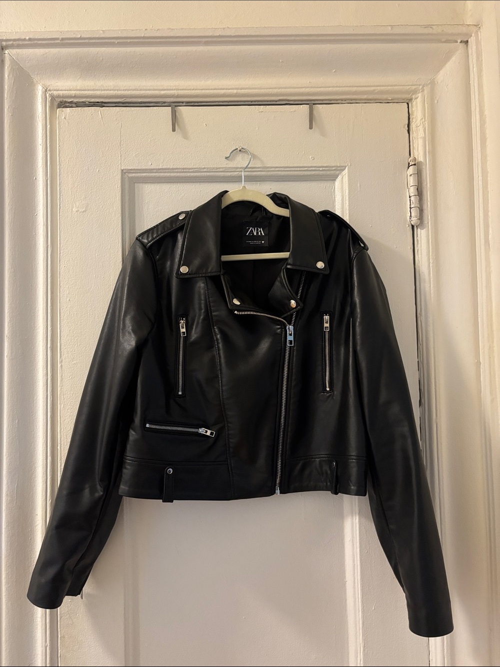 Zara Black Faux Leather Moto Jacket with Silver Hardware
